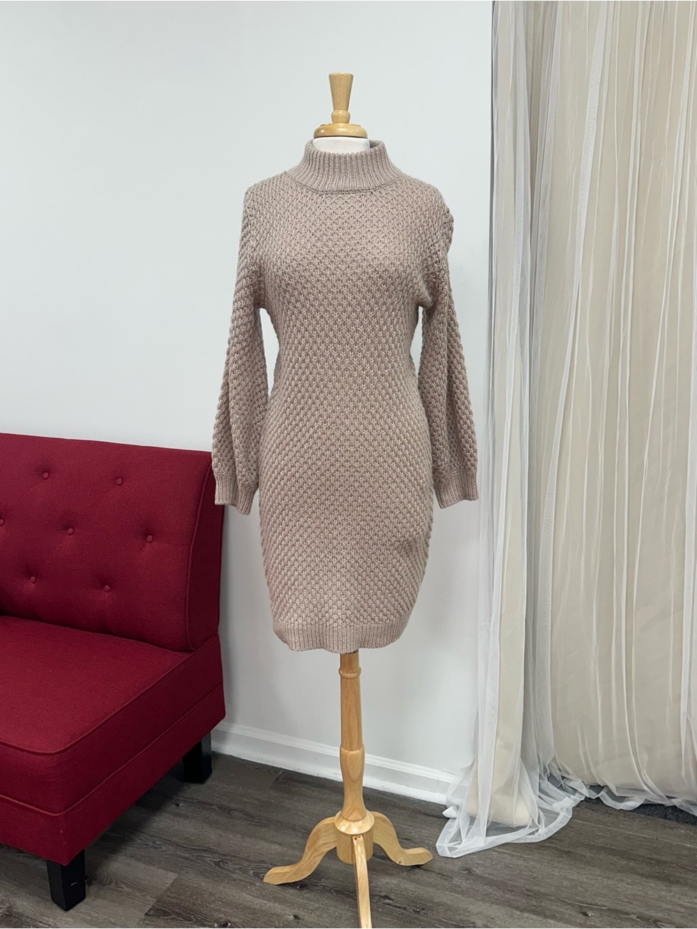 Small Mauve Turtleneck Long Sleeve Knit Sweater Mini Dress